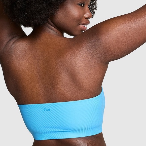 PINK Bralette Base Stretch Micro Ribbed Sky Blue Bandeau Bra Small - Picture 3 of 10